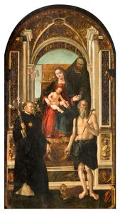 Nördliches Querschiff, Altar des Heiligen Nikolaus, Madonna auf dem Thron und Kind, Heilige Anna, Heilige Nikolaus von Tolentino und Hieronymus von Francesco Casella