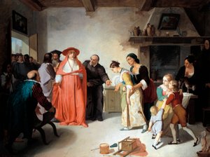 Kardinal Borromeo besucht Lucy im Schneiderhaus, Szene aus Die Verlobten von Alessandro Manzoni, von Francesco Coghetti, Öl auf Leinwand