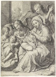 Maria und das schlafende Jesuskind, umgeben von Engeln