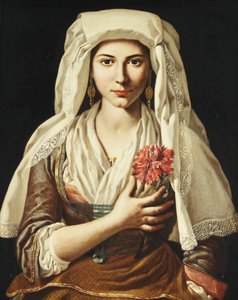 Porträt einer jungen Frau, dreiviertel Länge, die eine Nelke hält von Francesco Cozza