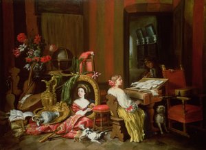 Innenraum mit einer Dame am Cembalo von Francesco Fieravino