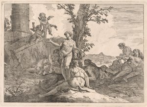 Sechs Nymphen und zwei Cupidos in einer Landschaft