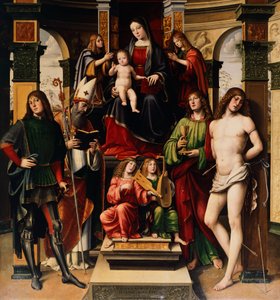 Madonna mit Kind, Engeln und Heiligen, von Francesco Francia (1450-1517), Kirche San Giacomo Maggiore, Bologna, Italien