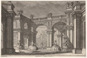 Zwei Damen und zwei Herren tanzen in einer prunkvollen architektonischen Umgebung, ein Brunnen..., 1765 von Francesco Galli Bibiena