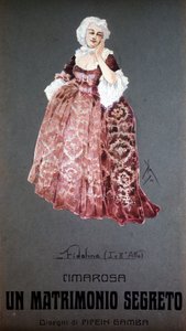Charakter „Fidalma“ in „Die heimliche Ehe“ (Il matrimonio segreto) von Domenico Cimarosa (1749 - 1801). Kostüm von F. Gamba - Scala von Mailand. von Francesco Gamba