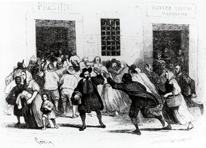 Die Plünderung der Bäckerei der Krücken, Episode aus Die Verlobten, von Alessandro Manzoni, Illustration von Francesco Gonin, Ausgabe 1840 von Francesco Gonin