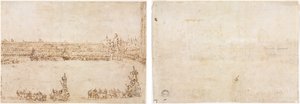 Einzug von Triumphwagen auf der Piazza San Marco, Venedig, zur Feier des Besuchs der Conti del Nord (recto) Drei Skizzen von Bögen (verso) von Francesco Guardi