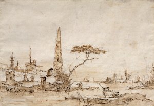 Capriccio neben einer venezianischen Lagune mit einem Obelisken und Löwen außerhalb der Mauern einer befestigten Stadt von Francesco Guardi