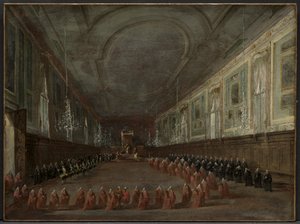 Papst Pius VI. verlässt den Thron, um sich vom Dogen in der Halle von SS. Giovanni e Paolo zu verabschieden, 1782