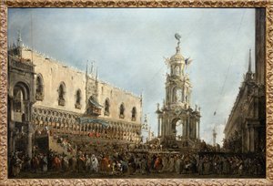 Der Doge von Venedig nimmt an den Festen des Gründonnerstags auf der Piazzetta di San Marco teil, der Doge befindet sich links unter der zentralen Arkade des Dogenpalastes, neben einem ephemeren Denkmal, das auf der Piazzetta errichtet wurde, steht eine me von Francesco Guardi