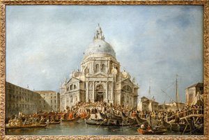 Der Doge von Venedig geht zur Salute von Venedig, jedes Jahr am 21. November ging der Doge zur Basilika Santa Maria della Salute, die als Dank für das Ende der Pest von 1630 errichtet wurde, um der Jungfrau für diese Befreiung zu danken, eine Bootsbrücke von Francesco Guardi