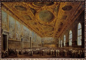 Der Doge von Venedig dankt dem Großen Rat. Die Szene spielt im Dogenpalast auf dem Markusplatz in Venedig. Gemälde von Francesco Guardi