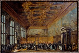 Die Audienz des Dogen von Venedig (wahrscheinlich Alvise IV Mocinego (1701-1778)) im Kollegiumssaal des Dogenpalastes von Venedig