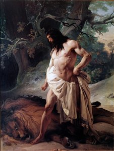 Samson betrachtet den Löwen, den er gerade mit bloßen Händen getötet hat von Francesco Hayez