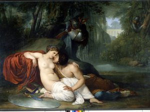 Die Liebe von Renaud und Armide. Illustration einer Szene aus „La Jerusalem delivree“ (La gerusalemme liberata) von Torquato Tasso. Die verzaubernde Armide, umgeben von sehr symbolischen Amours, verführt mit Hilfe ihres Zauberspiegels den Ritter Re von Francesco Hayez