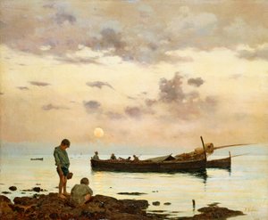 Marina mit Fischerboot und Jungen