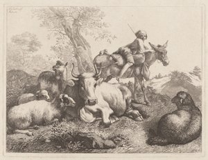 Junge auf einem Esel, der eine Gruppe von Tieren bewacht von Francesco Londonio