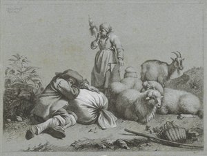 Hirte und Hirtin mit Schafen und Ziege (Hirtenszenen)