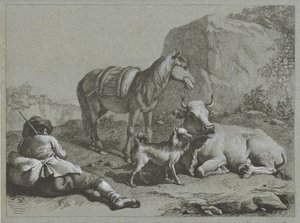 Liegender Hirte mit Pferd, Kuh und Hund