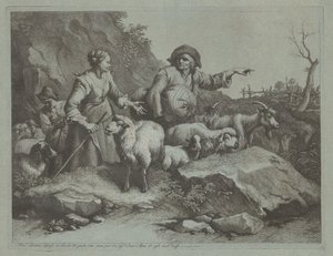 Bauer mit einem Sack und zwei Schäferinnen
