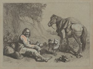 Sitzender alter Mann, der aus einem Kürbis trinkt, ca. 1763
