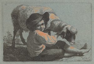 Sitzender Bauernjunge mit einem Schaf