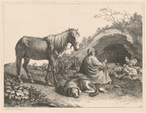 Sitzender Hirte mit Pferd, Hund, Ziegen und Schafen, nach 1776
