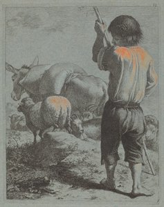 Hirte mit Esel, Schafen und Ziege