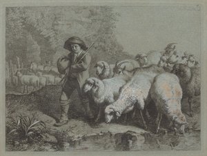 Hirte mit einem Sack, der eine Herde treibt