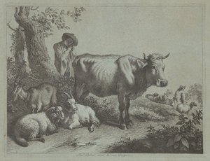 Stehende Kuh und ein Hirtenjunge mit Herde
