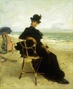 Eine Dame auf einer Veranda sitzend