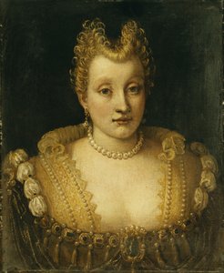 Porträt einer Dame, angeblich aus der Familie Contarini, Brustbild, in einem aufwendigen Kleid mit Juwelen und einer Perlenkette und Ohrringen