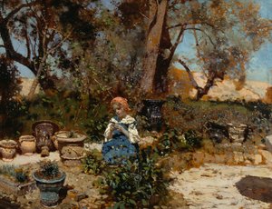 Ein Mädchen im Garten, Öl auf Holz, 27x36 cm von Francesco Paolo Michetti