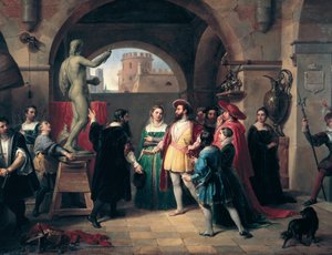 Der König von Frankreich Franz I. besucht das Atelier von Benvenuto Cellini in Rom von Francesco Podesti