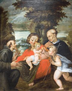 Madonna und Kind, St. Johannes, St. Franziskus und ein Benediktinerheiliger von Francesco Rondani