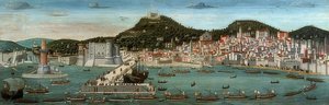 Tavola Strozzi. Ansicht von Neapel, die Flotte der Aragonier fahren am 12. Juli 1465 in den Hafen ein