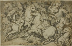 Kavalleriegefecht (recto); Kniender Ecorché (verso) von Francesco Salviati