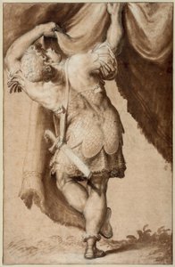 Junger Krieger, von hinten gesehen, hebt einen Vorhang von Francesco Salviati