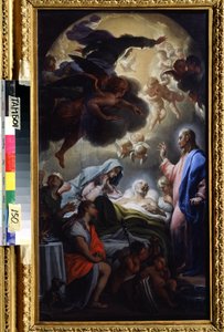 Der Tod von Joseph. Darstellung der Heiligen Dreifaltigkeit: Jesus Christus, Gott und die Taube des Heiligen Geistes. von Francesco Trevisani