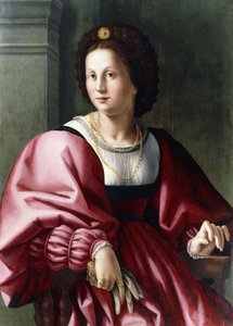 Porträt einer Dame, sitzend, dreiviertellang, einen Handschuh haltend von Francesco Ubertini Bacchiacca