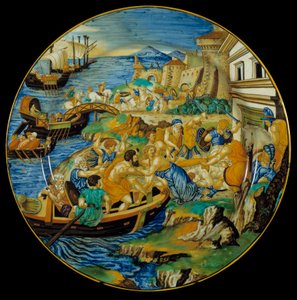 Ilias von Homer: Fayence-Schale von Francesco Xanto Avelli (aktiv um 1530/1540) darstellend die Entführung der Helena durch Paris. Dies ist die Episode, die den Trojanischen Krieg auslösen wird. Hergestellt in Urbino. 1537. Paris, Louvre Museum