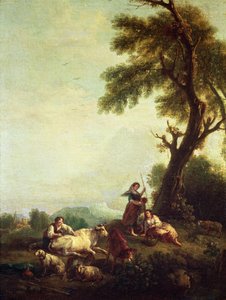 Landschaft mit Bauern, die eine Rinderherde beobachten