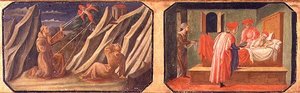 (LtoR) St. Franziskus von Assisi empfängt die Stigmata, SS. Cosmas und Damian heilen einen kranken Mann; Kopien der Originaltafeln, die Teil der Predella zur Madonna mit Kind auf dem Thron von Filippo Lippi sind von Francesco di Stefano Pesellino
