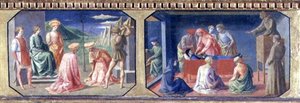 (LtoR) Das Martyrium der SS. Cosmas und Damian, St. Antonius von Padua findet das Herz des Geizhalses; zwei Tafeln der Predella der Madonna mit Kind auf dem Thron von Filippo Lippi (ca. 1406-69)
