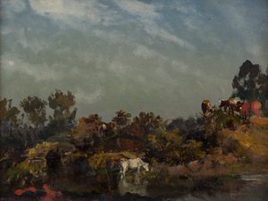 Landschaft mit Kühen an einem Fluss