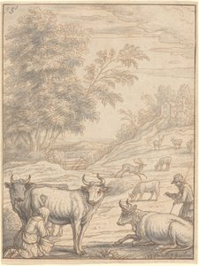 Eine Wiese mit Rindern und Hirschen von Francis Barlow
