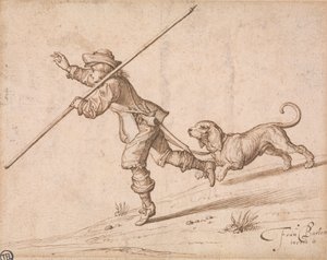 Mann jagt mit einem spitzen Stab und einem Hund