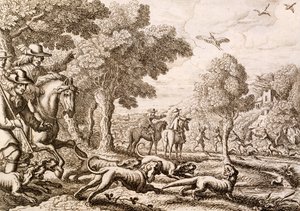 Otterjagd an einem Fluss, graviert von Wenceslaus Hollar, 1671 von Francis Barlow