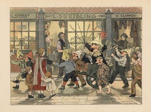 Feuerwerksladen - Viktorianische Kinder ziehen einen Guy in einem Karren an Guy Fawkes Nacht vor L. Squibling