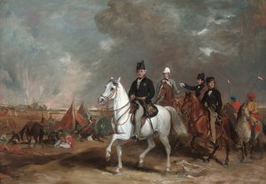 Der Viscount Hardinge, Generalgouverneur von Indien, begleitet von seinen zwei Söhnen und Colonel Wood, auf dem Schlachtfeld von Ferozeshah